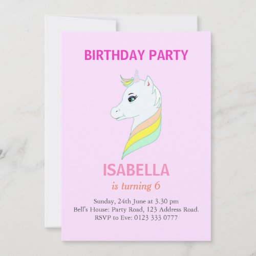 Beautiful Unicorn on Light Pink 6th Birthday Party Invitation