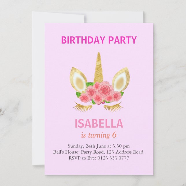 Beautiful Unicorn on Light Pink 6th Birthday Party Invitation (Front)