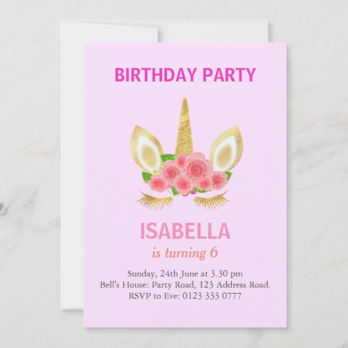 Beautiful Unicorn on Light Pink 6th Birthday Party Invitation