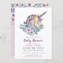 Beautiful Unicorn Purple Floral Girls Baby Shower Invitation