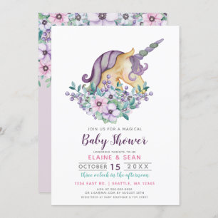 Beautiful Unicorn Purple Floral Girls Baby Shower Invitation