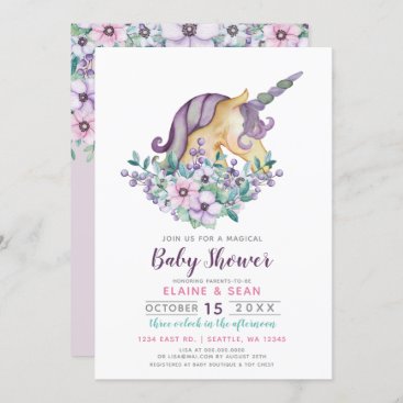 Beautiful Unicorn Purple Floral Girls Baby Shower Invitation