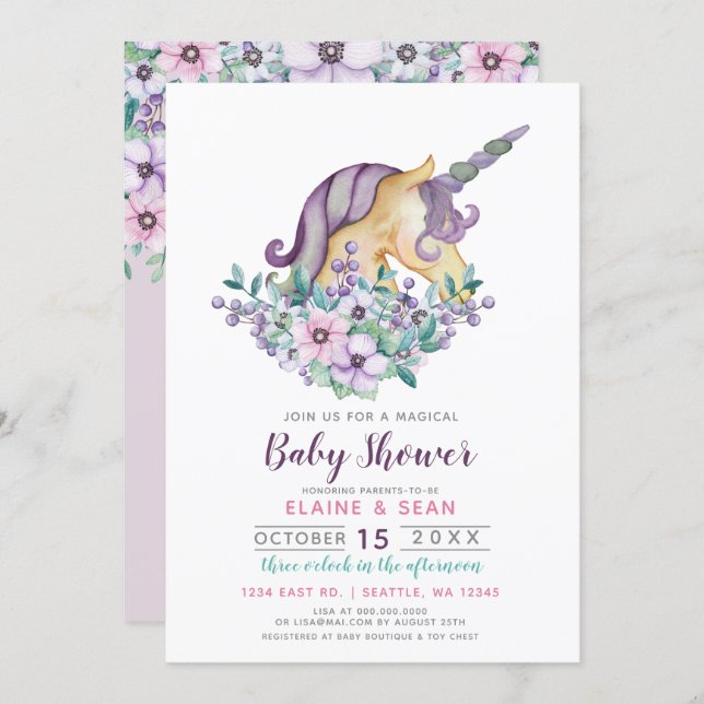 Beautiful Unicorn Purple Floral Girls Baby Shower Invitation (Front/Back)