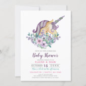 Beautiful Unicorn Purple Floral Girls Baby Shower Invitation (Front)