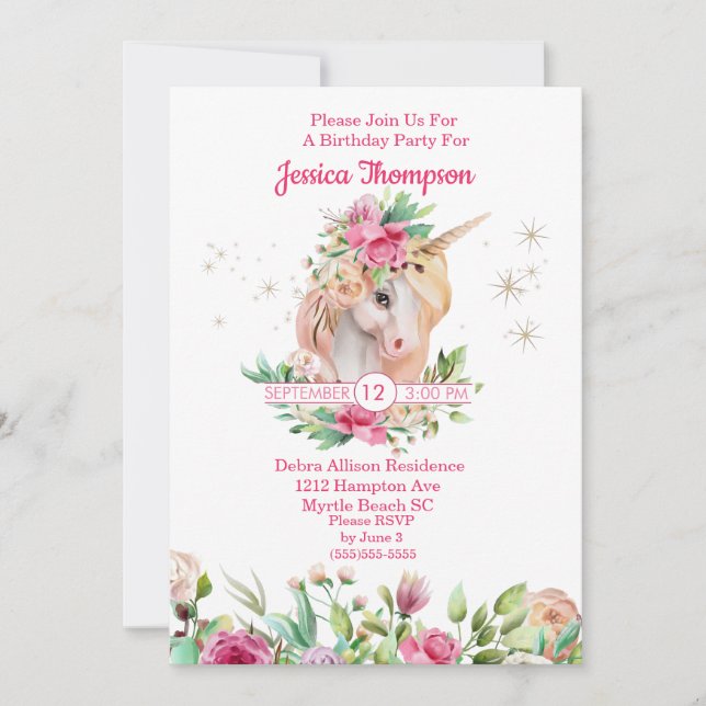 Beautiful Unicorn Stars Birthday Invitation (Front)