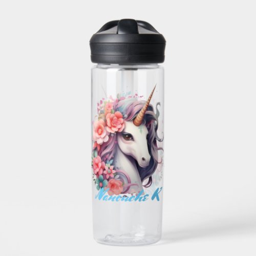 beautiful unicorn with flowers  water bottle