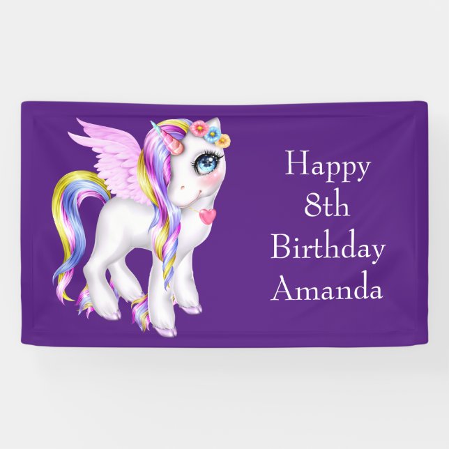 Beautiful Unicorn with Rainbow Mane Birthday Banner (Horizontal)
