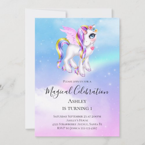 Beautiful Unicorn with Rainbow Mane Birthday Invitation