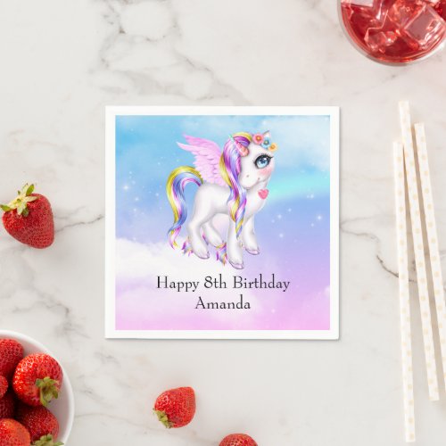 Beautiful Unicorn with Rainbow Mane Birthday Napkins