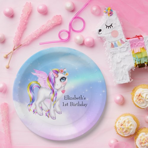 Beautiful Unicorn with Rainbow Mane Birthday Paper Plates