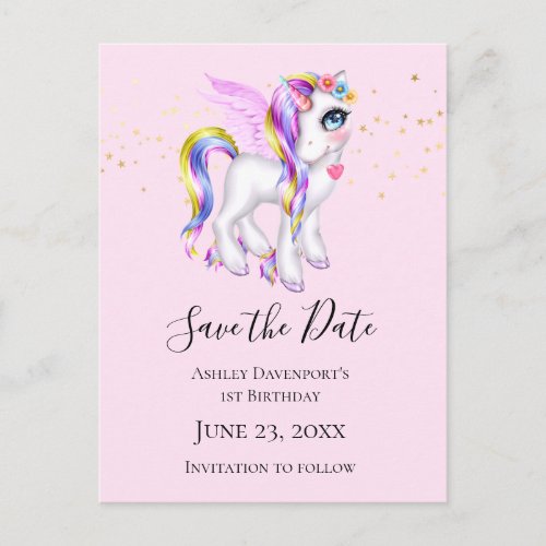 Beautiful Unicorn with Rainbow Mane Save the Date Invitation Postcard