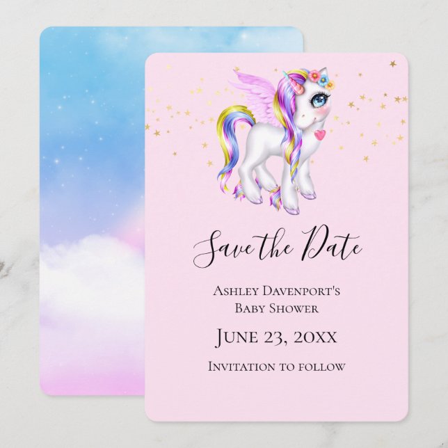 Beautiful Unicorn with Rainbow Mane Shower Save The Date (Front/Back)