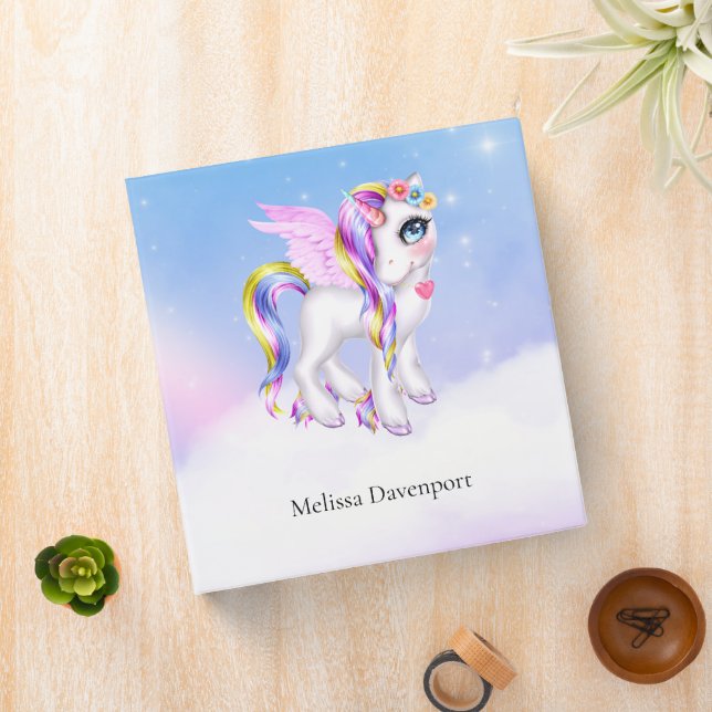 Beautiful Unicorn with Rainbow Mane & Tail 3 Ring Binder (In Situ)