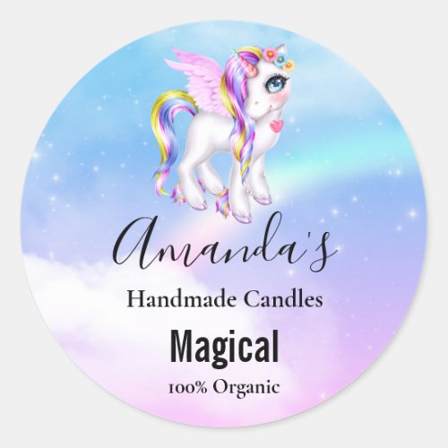 Beautiful Unicorn with Rainbow Mane  Tail Candle Classic Round Sticker