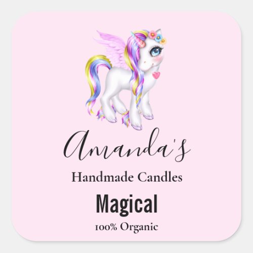 Beautiful Unicorn with Rainbow Mane  Tail Candle Square Sticker
