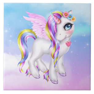 Beautiful Unicorn with Rainbow Mane & Tail Ceramic Tile