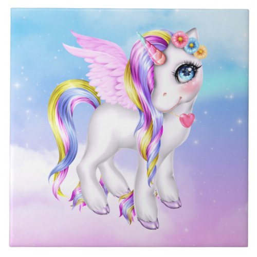 Beautiful Unicorn with Rainbow Mane  Tail Ceramic Tile