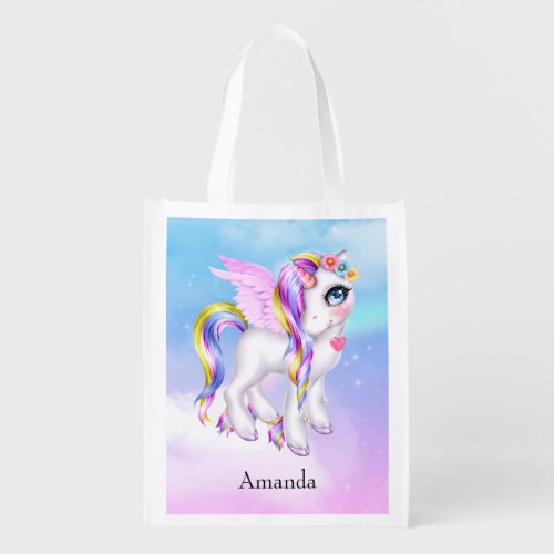 Beautiful Unicorn with Rainbow Mane  Tail Grocery Bag