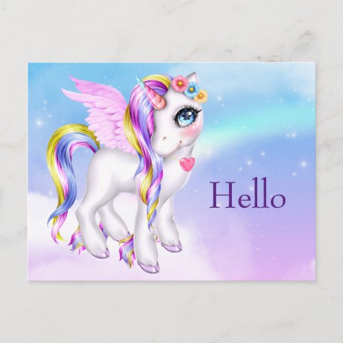 Beautiful Unicorn with Rainbow Mane  Tail Hello Postcard