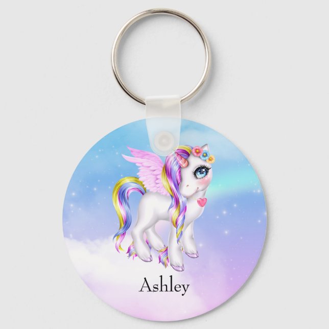 Beautiful Unicorn with Rainbow Mane & Tail Keychain (Front)