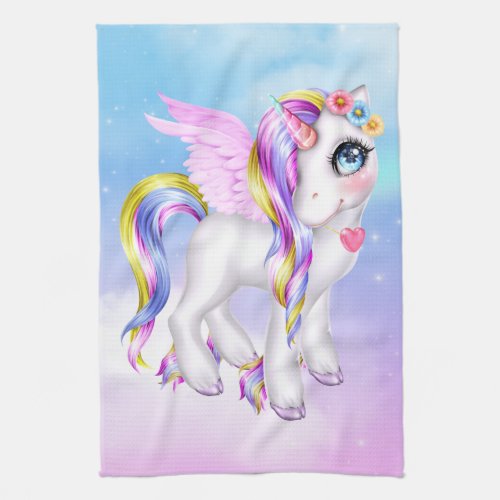 Beautiful Unicorn with Rainbow Mane  Tail Kitchen Towel
