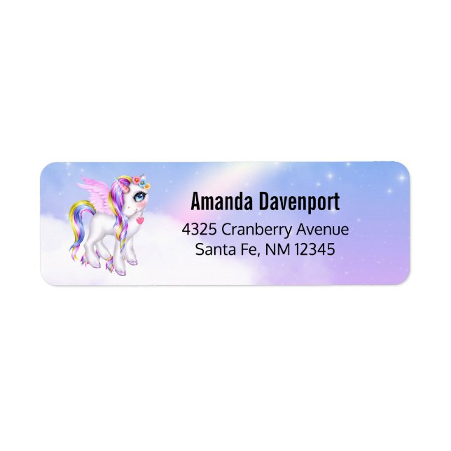 Beautiful Unicorn with Rainbow Mane & Tail Label (Front)