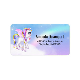 Beautiful Unicorn with Rainbow Mane & Tail Label