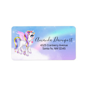 Beautiful Unicorn with Rainbow Mane & Tail Label