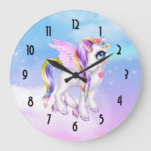 Beautiful Unicorn with Rainbow Mane  Tail Large Clock