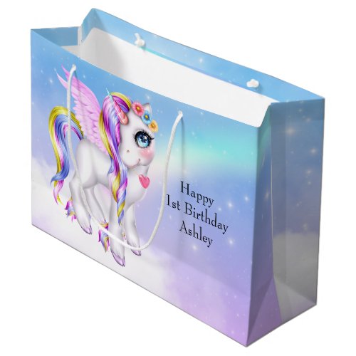 Beautiful Unicorn with Rainbow Mane  Tail Large Gift Bag