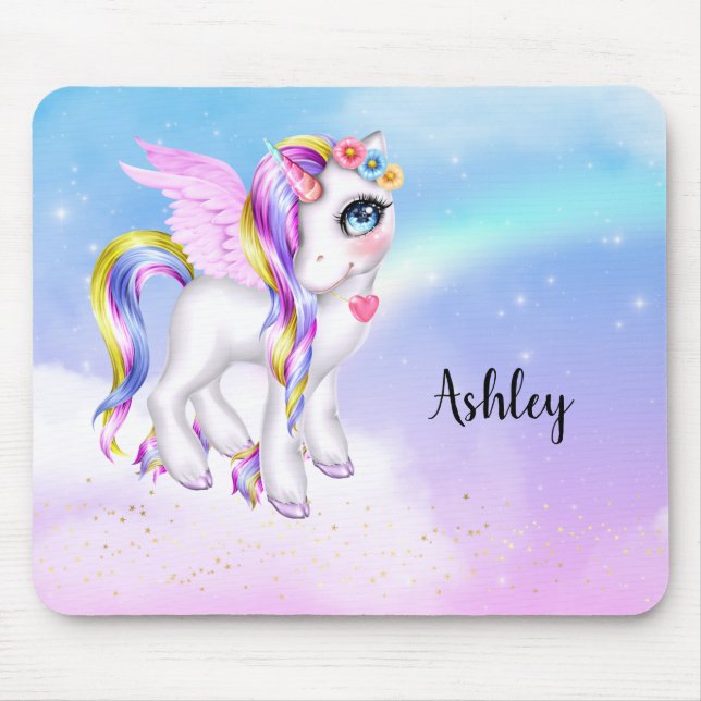 Beautiful Unicorn with Rainbow Mane & Tail Mouse Pad (Front)