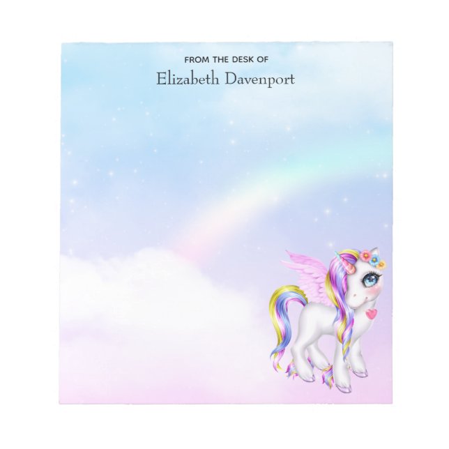 Beautiful Unicorn with Rainbow Mane & Tail Notepad (Front)