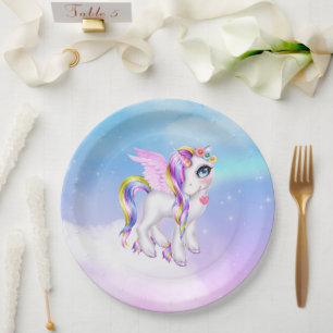 Beautiful Unicorn with Rainbow Mane & Tail Paper Plates
