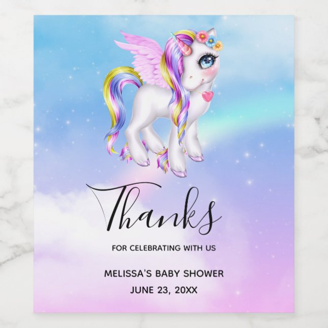 Beautiful Unicorn with Rainbow Mane & Tail Party Wine Label (Single Label)