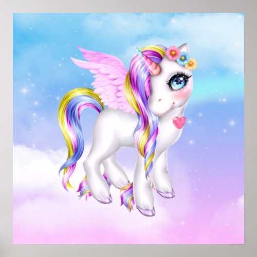 Beautiful Unicorn with Rainbow Mane  Tail Poster