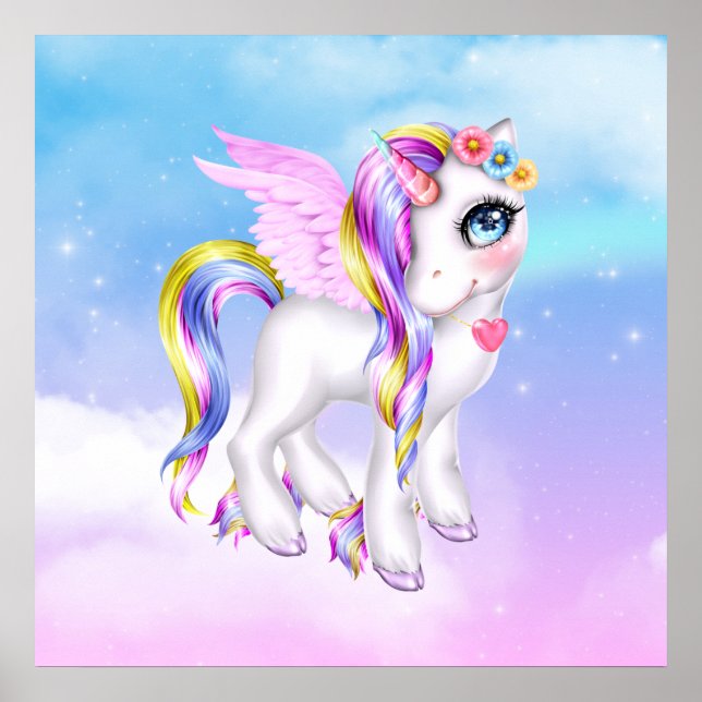 Beautiful Unicorn with Rainbow Mane & Tail Poster (Front)