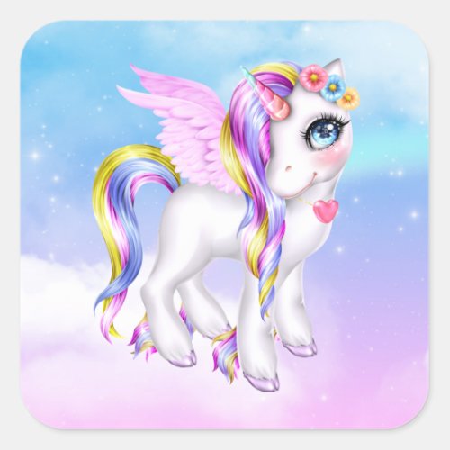 Beautiful Unicorn with Rainbow Mane  Tail Square Sticker