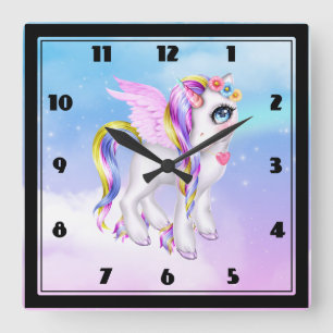 Beautiful Unicorn with Rainbow Mane & Tail Square Wall Clock
