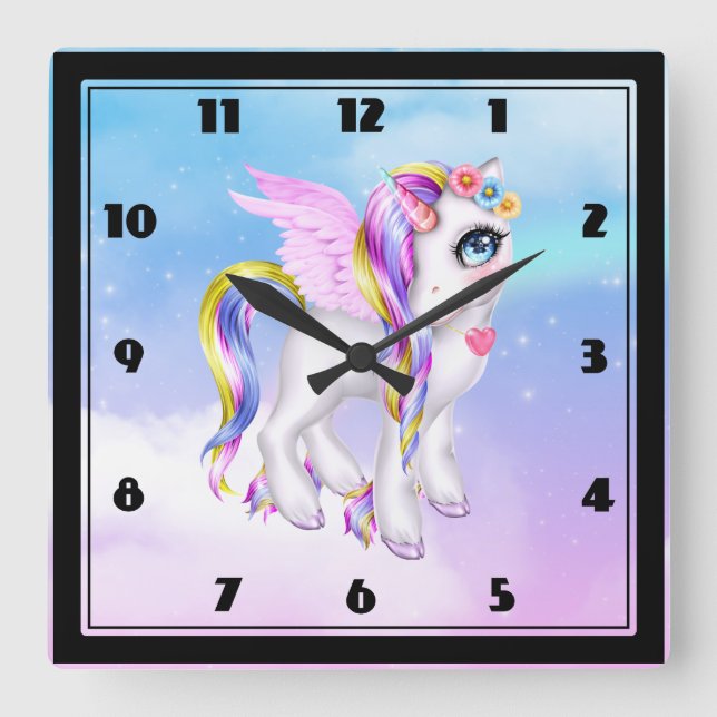 Beautiful Unicorn with Rainbow Mane & Tail Square Wall Clock (Front)