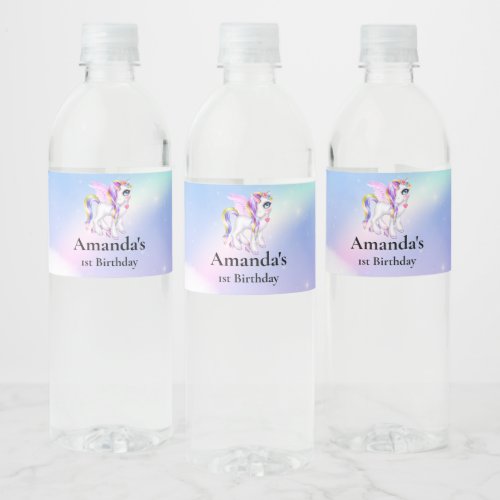 Beautiful Unicorn with Rainbow Mane  Tail Water Bottle Label