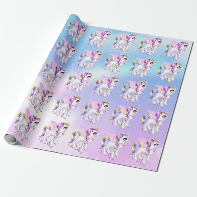  Beautiful Unicorn with Rainbow Mane & Tail Wrapping Paper (Unrolled)