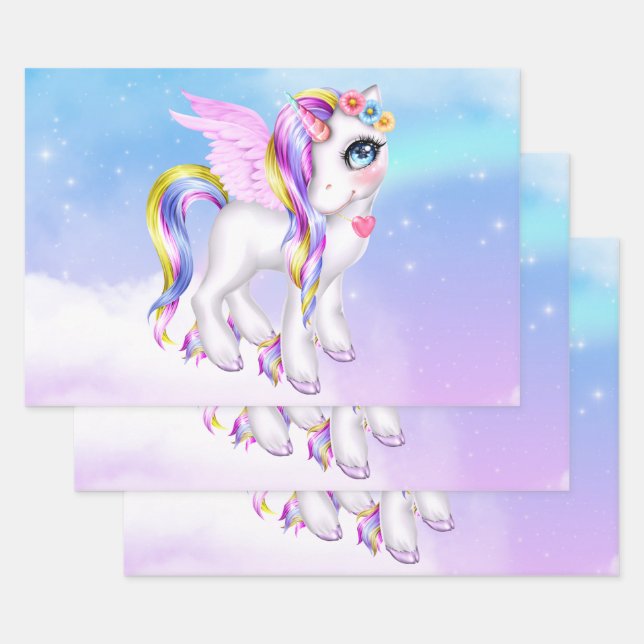 Beautiful Unicorn with Rainbow Mane & Tail Wrapping Paper Sheets (Set)