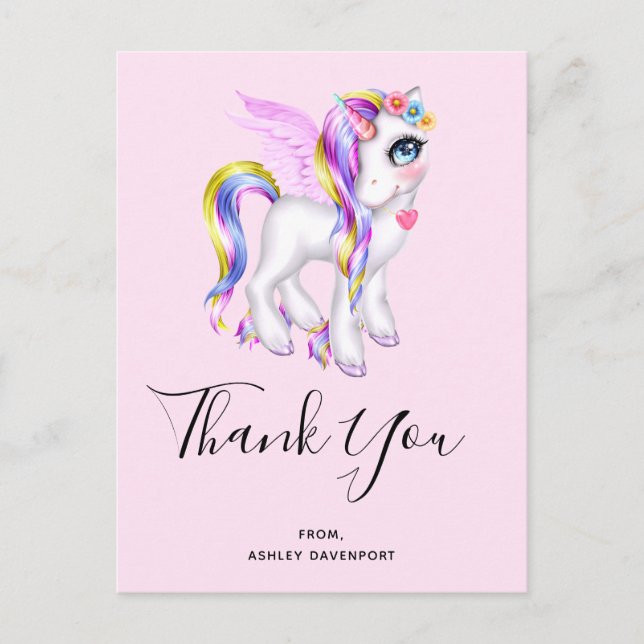 Beautiful Unicorn with Rainbow Mane Thank You Postcard (Front)
