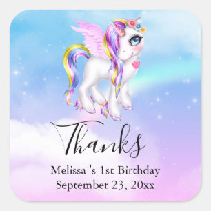 Beautiful Unicorn with Rainbow Mane Thank You Square Sticker