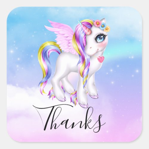 Beautiful Unicorn with Rainbow Mane Thank You Square Sticker