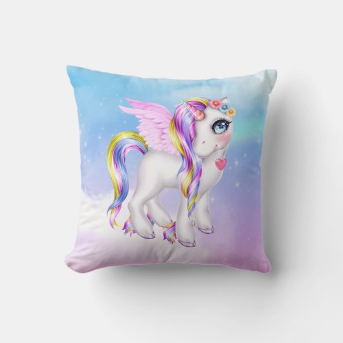 Beautiful Unicorn with Rainbow Mane Throw Pillow