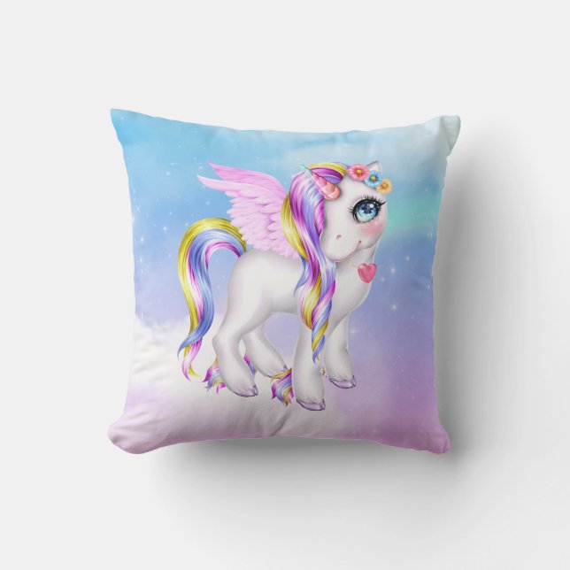 Beautiful Unicorn with Rainbow Mane Throw Pillow (Front)