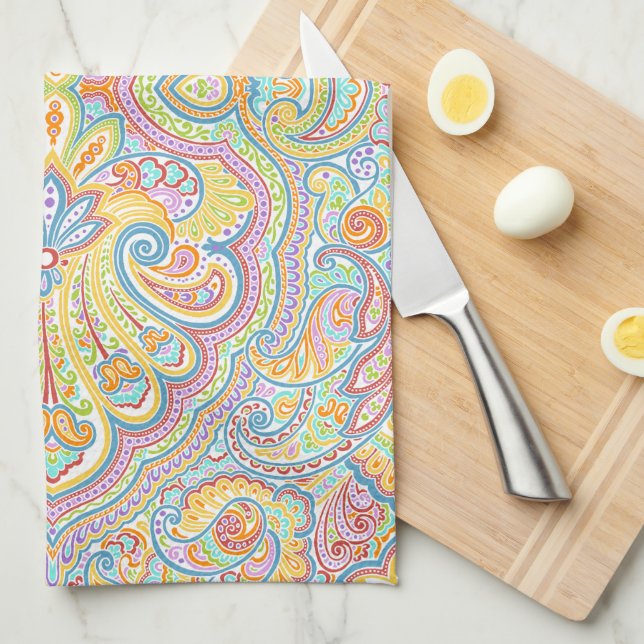Beautiful Unique Aqua Blue Pink Paisley Art Kitchen Towel (Quarter Fold)