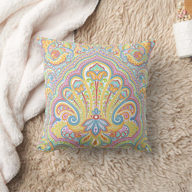 Beautiful Unique Aqua Blue Pink Paisley Art Throw Pillow (Blanket)