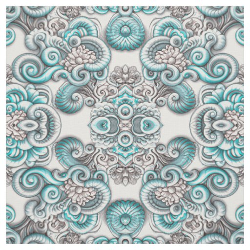 Beautiful Unique Aqua Gray on White Seamless Tiled Fabric